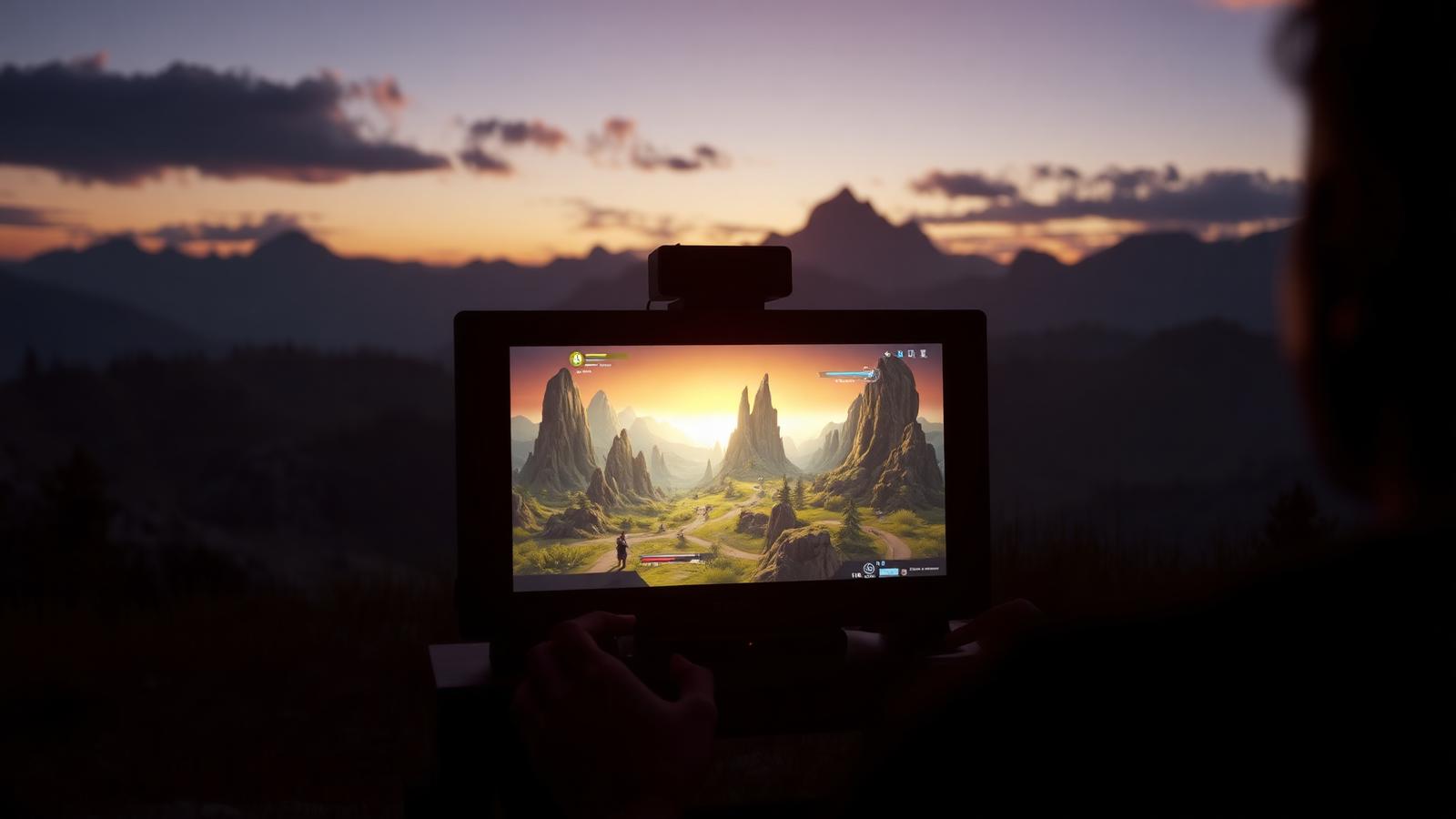 Person spielt bei Dämmerung ein Videospiel mit prozedural erzeugter Fantasy-Landschaft auf dem Bildschirm