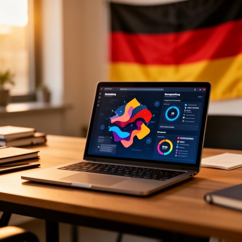 Laptop mit Compliance-Dashboard vor deutscher Flagge im warmen Abendlicht
