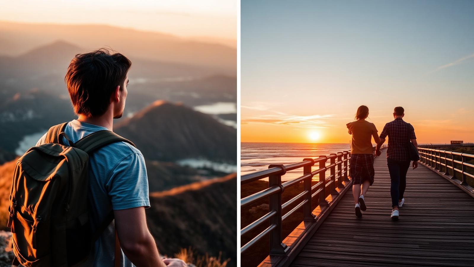 Split-Bild: links ein Solo-Reisender mit Rucksack vor Bergpanorama im Abendlicht, rechts ein Paar Hand in Hand auf einer Küstenpromenade bei Sonnenuntergang